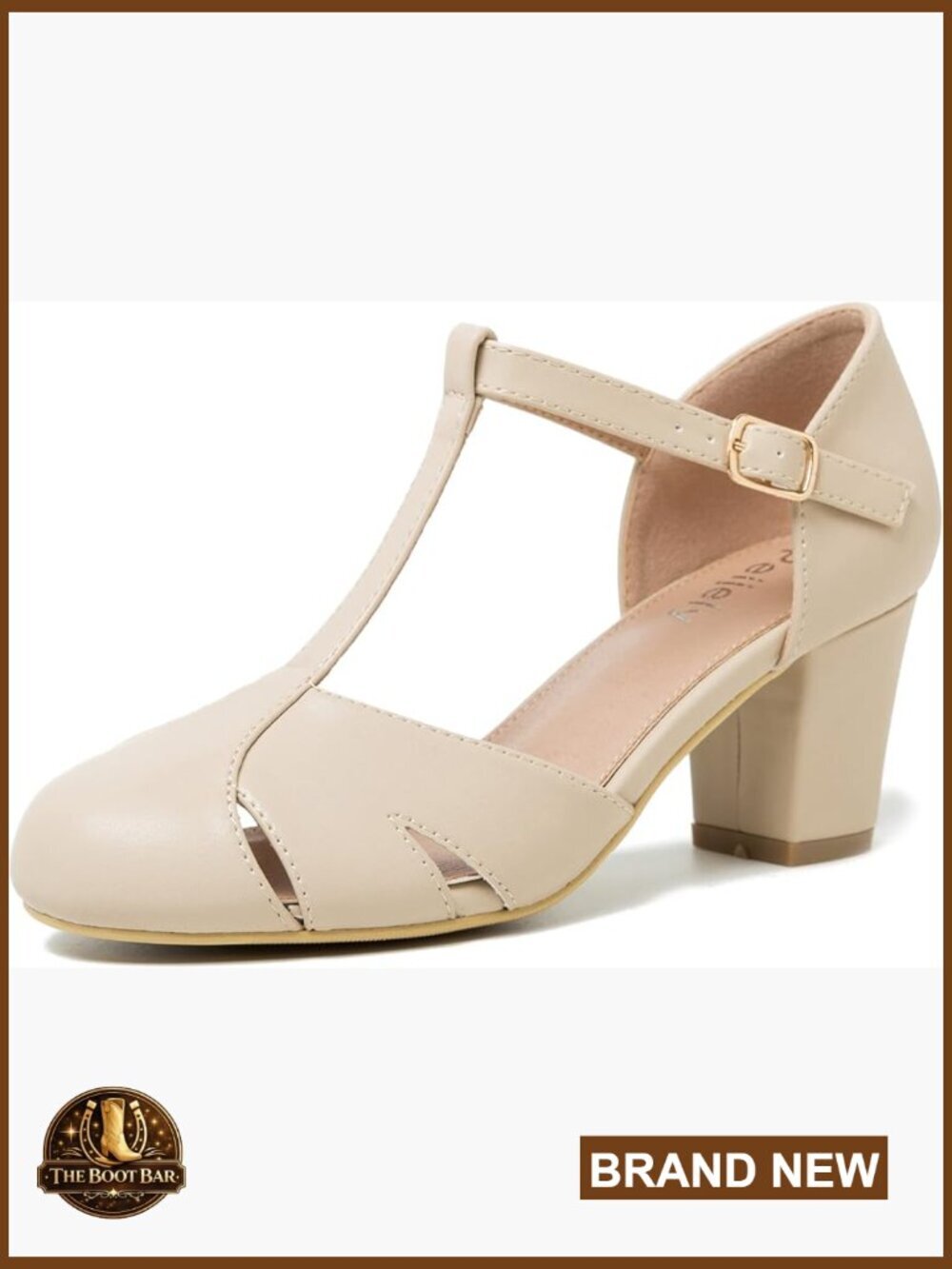 T-Strap Block Heel Pumps, Round Toe, Ankle Buckle, Classic Cut Out Dress Shoes